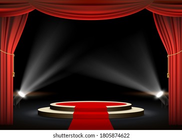 Round podium with red carpet and curtain. Illuminated by spotlights. Vector illustration