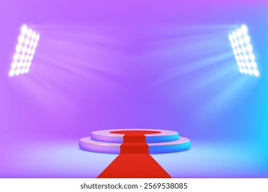 Round podium with red carpet. Illuminated by spotlights. Vector illustration