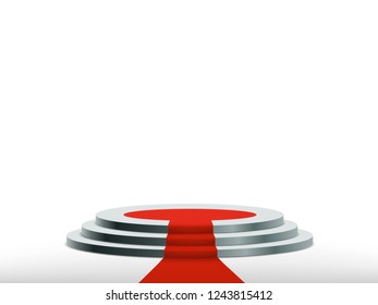 Round podium with red carpet. Isolated on white. Background for the award ceremony. Vector illustration.