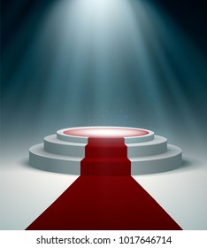 Round podium with red carpet and light effect, vector design