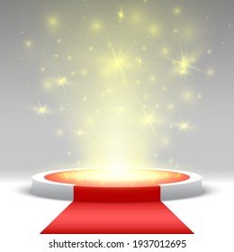 Round podium with red carpet and lights. Pedestal. Scene. Vector illustration.