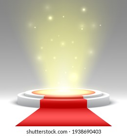 Round podium with red carpet and lights. Pedestal. Stage. Vector illustration.
