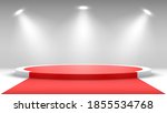 Round podium with red carpet. Pedestal with spotlights. Vector illustration.