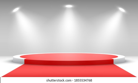 Round podium with red carpet. Pedestal with spotlights. Vector illustration.