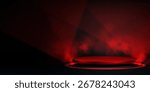 Round podium with red light illumination and smoke on black background. Vector realistic illustration of futuristic space platform, theater show stage, modern pedestal for winner award ceremony
