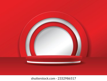 Round podium in red and white colors with red and white circles background, to showcase your products, Vector illustration.