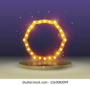 Round podium and retro frame illuminated by spotlights. Stage with scenic lights. Show invitation concept. EPS 10 vector illustration.