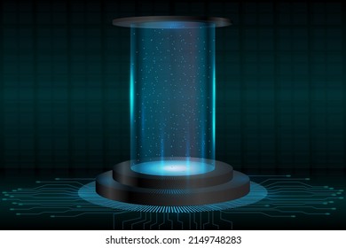 Round podium scene, futuristic style mock up. Round glow platform on the floor. Vector product presentation stage pedestal or platform. Technology or sci fi concept. Blue light and glass teleport.
