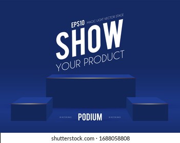 Round Podium. Scene, pedestal and 3D platform with light. Advertising, award and win design. Show and sale background. Realistic presentation mockup. Blue and gold shelf.