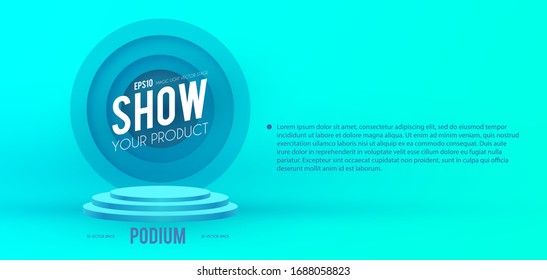 Round Podium. Scene, pedestal and 3D platform with circle banner. Advertising, award and win design. Show and sale background. Realistic presentation mockup.