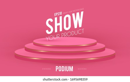 Round Podium. Scene, pedestal and 3D platform with gold glitter effect. Advertising, award and win design. Show and sale background. Realistic presentation mockup.