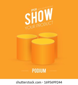 Round Podium. Scene, pedestal and 3D platform with gold glitter effect. Advertising, award and win design. Show and sale background. Realistic presentation mockup.