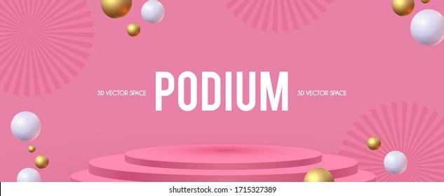 Round Podium, scene, pedestal and 3D platform with flying spheres and fans. Advertising, award and win design. Show and sale background. Realistic presentation mockup.