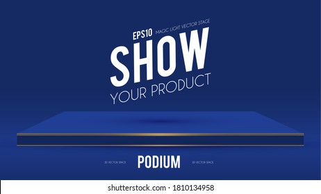 Round Podium. Scene, pedestal and 3D platform with light. Advertising, award and win design. Show and sale background. Realistic presentation mockup. Blue and gold shelf.