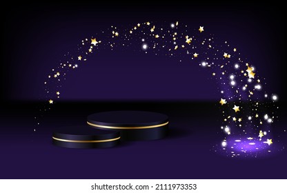 Round Podium. Scene, pedestal and 3D platform with gold glitter effect. Advertising, award and win design.