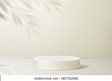 Round podium with shadow of a plant branch for displaying products in 3d illustration