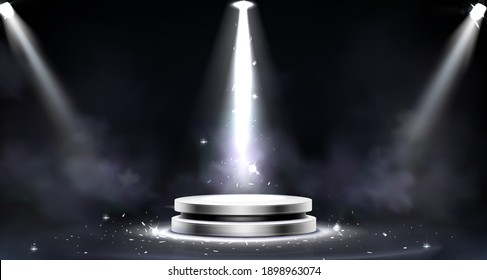 Round podium with smoke effect, spotlight illumination and light sparkles, empty stage for award ceremony, product presentation or fashion show performance, pedestal, Realistic 3d vector illustration