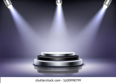 Round podium with spotlight illumination, empty stage for award ceremony, product presentation platform, fashion show performance pedestal, dance floor in nightclub Realistic 3d vector illustration