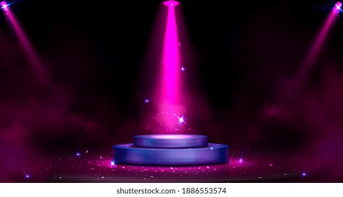 Round podium with spotlight illumination, smoke and sparks. Empty stage for award ceremony, product presentation, fashion show performance pedestal with pink beams, Realistic 3d vector illustration