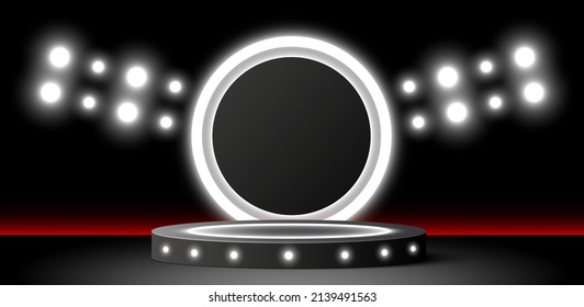 Podio redondo con foco en el fondo negro Ilustración vectorial 3d