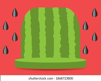 round podium stage with abstract paper cut of watermelon rind and seeds background vector. watermelon product concept