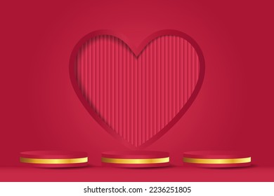 Round podium stage for Chinese Valentine's day with red and gold hearts, red paper cut arts and crafts on color background with festive elements