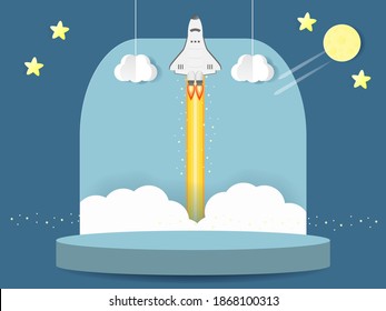 round podium stage decorated with rocket launching to the air among the cloud, the stars and the moon. Business concept launching or releasing new product ,start up company vector