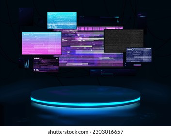 Runde Podiumbühne mit Monitoren, an denen das Bild hing, Glitzen oder weißes Rauschen. Im dunklen Hacker-Raum gibt es eine runde Bühne mit Neonlicht und Reflexion, für Spiele. Cyberpunk-Podium, Bühne
