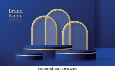 Round podium stage with nice and creative symbols and gold paper cut style on color background for cosmetics brand design and advertising