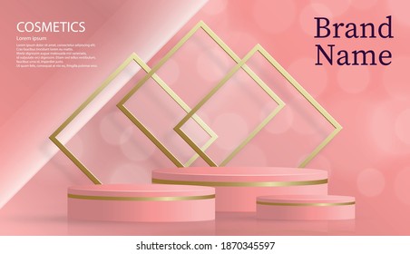 Runde Podiumbühne mit schönen, kreativen, kreativen Formen aus Diamantengold auf rosafarbenem Hintergrund für das Design von Kosmetikmarken und Werbung