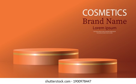 Round podium stage with nice and creative symbols and gold paper cut style on color background for cosmetics brand design and advertising