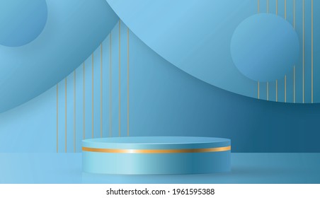 Round podium stage with nice and creative symbols and gold paper cut style on color background for cosmetics brand design and advertising