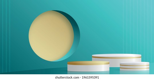 Round podium stage with nice and creative symbols and gold paper cut style on color background for cosmetics brand design and advertising