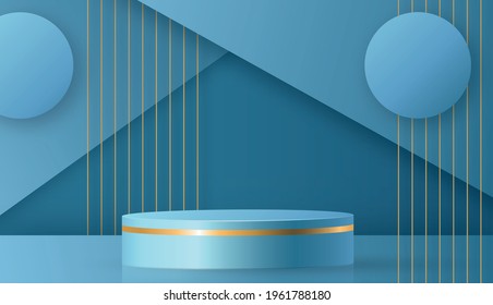 Round podium stage with nice and creative symbols and gold paper cut style on color background for cosmetics brand design and advertising