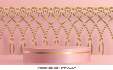 Round podium stage with nice and creative symbols and gold paper cut style on color background for cosmetics brand design and advertising