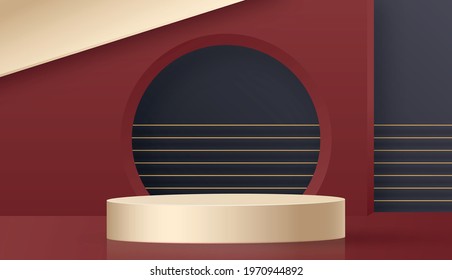 Round podium stage with nice and creative symbols and gold paper cut style on color background for cosmetics brand design and advertising