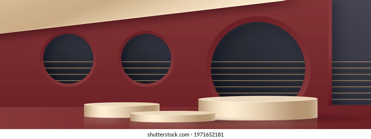 Round podium stage with nice and creative symbols and gold paper cut style on color background for cosmetics brand design and advertising