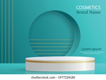 Round podium stage with nice and creative symbols and gold paper cut style on blue color background for cosmetics brand design and advertising