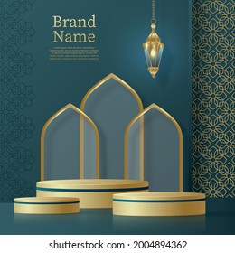 Round podium stage with nice and creative symbols and gold paper cut style on islamic background for cosmetics brand design and advertising for Ramadan Kareem or Eid Mubarak
