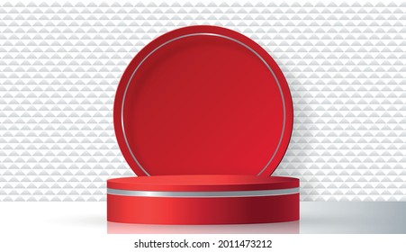 Round podium stage with nice and creative symbols and silver paper cut style on color background for cosmetics brand design and advertising