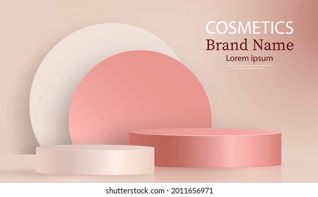 Round podium stage with nice and creative symbols and cream paper cut style on color background for cosmetics brand design and advertising