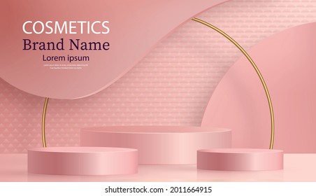 Round podium stage with nice and creative symbols and gold paper cut style on pink color background for cosmetics brand design and advertising