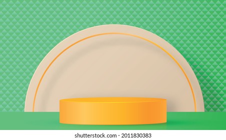 Round podium stage with nice and creative symbols and yellow paper cut style on green color background for cosmetics brand design and advertising