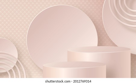 Round podium stage with nice and creative symbols and cream paper cut style on preal color background for cosmetics brand design and advertising