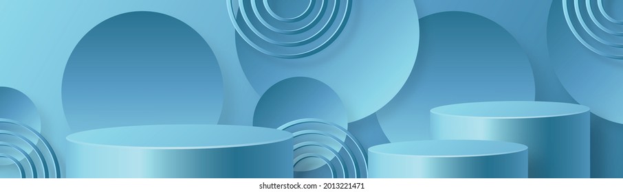 Estadio de podio redondo con símbolos agradables y creativos y estilo de corte de papel azul sobre fondo de color para el diseño de marca cosmética y publicidad