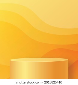 Estadio de podio redondo con símbolos agradables y creativos y estilo de corte de papel sobre fondo de color amarillo para el diseño de marca cosmética y publicidad