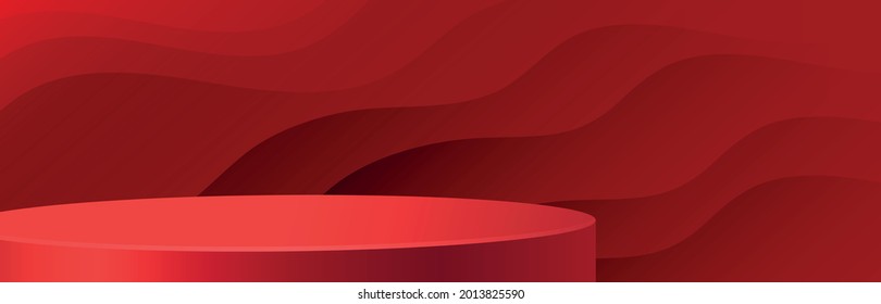 Estadio de podio redondo con símbolos agradables y creativos y estilo de corte de papel sobre fondo de color rojo para el diseño de marca cosmética y publicidad