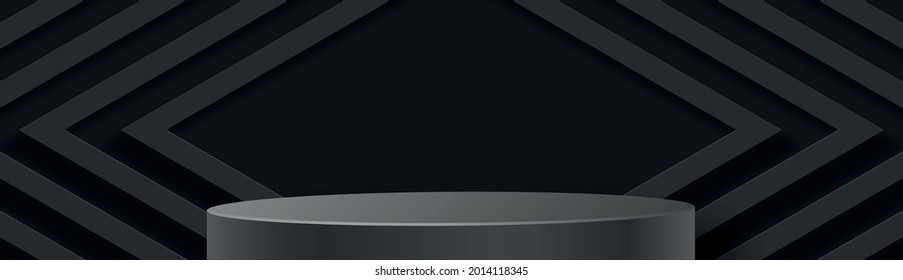 Round podium stage with nice and creative symbols and paper cut style on black color background for cosmetics brand design and advertising