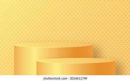 Estadio de podio redondo con símbolos agradables y creativos y estilo de corte de papel sobre fondo de color amarillo para el diseño de marca cosmética y publicidad