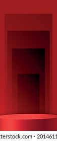 Round podium stage with nice and creative symbols and paper cut style on red color background for cosmetics brand design and advertising